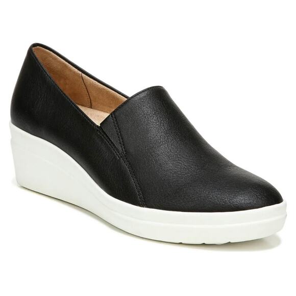 NATURALIZER | Sandra Slip-on Wedge Black White Smooth Faux Leather Slide | 10 - Picture 1 of 8